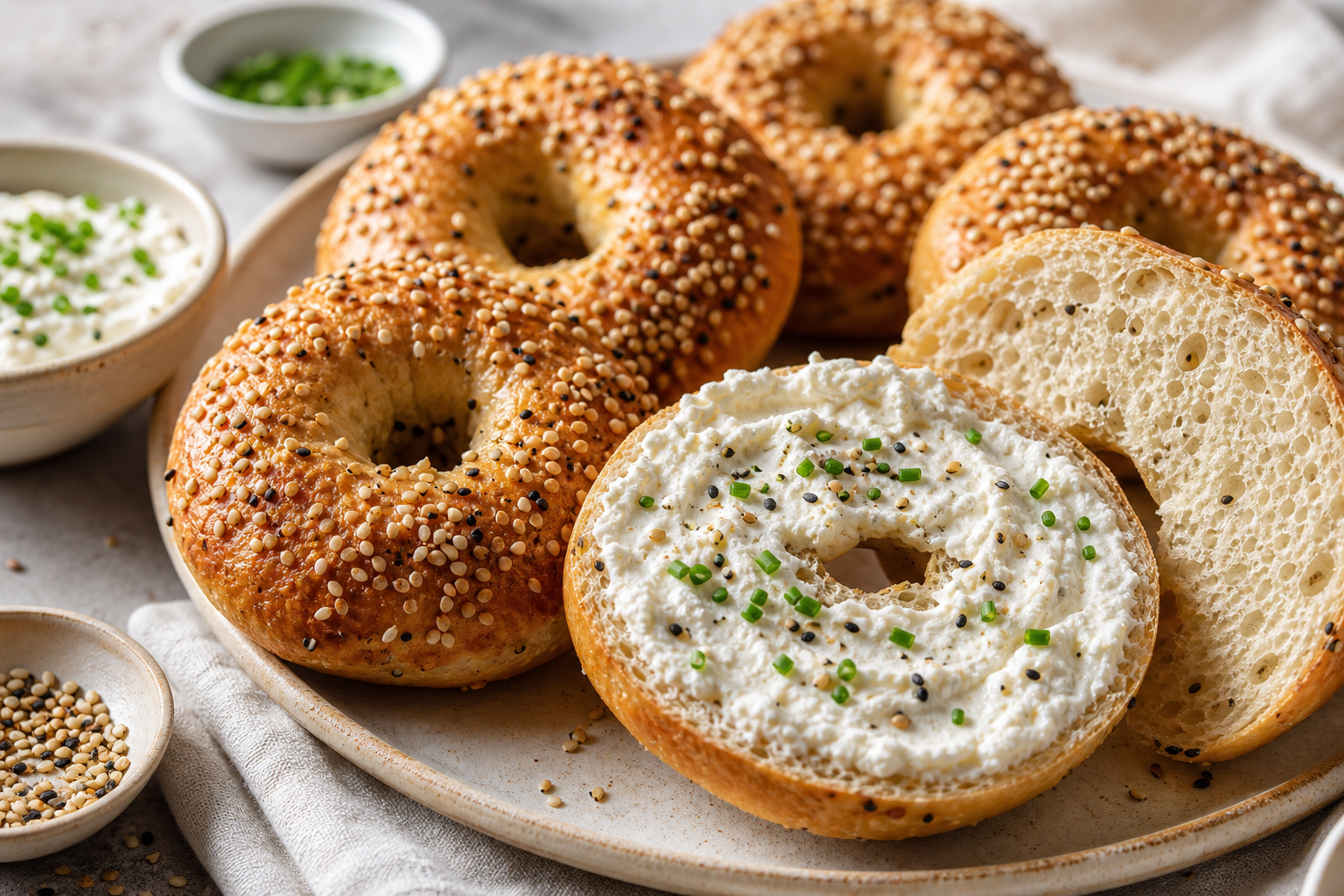 High-Protein Cottage Cheese Bagels served in premium editorial food styling