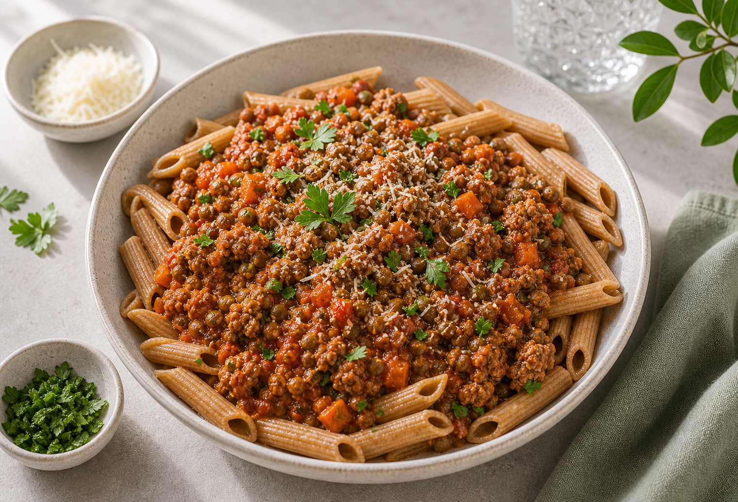High-Protein Lentil Bolognese served in premium editorial food styling