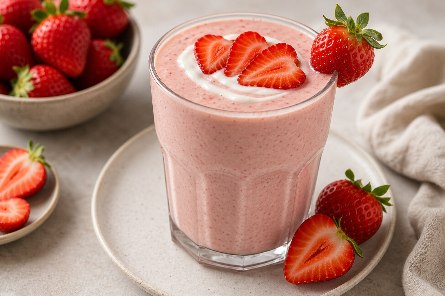 High-Protein Strawberry Cottage Cheese Smoothie in premium editorial smoothie styling
