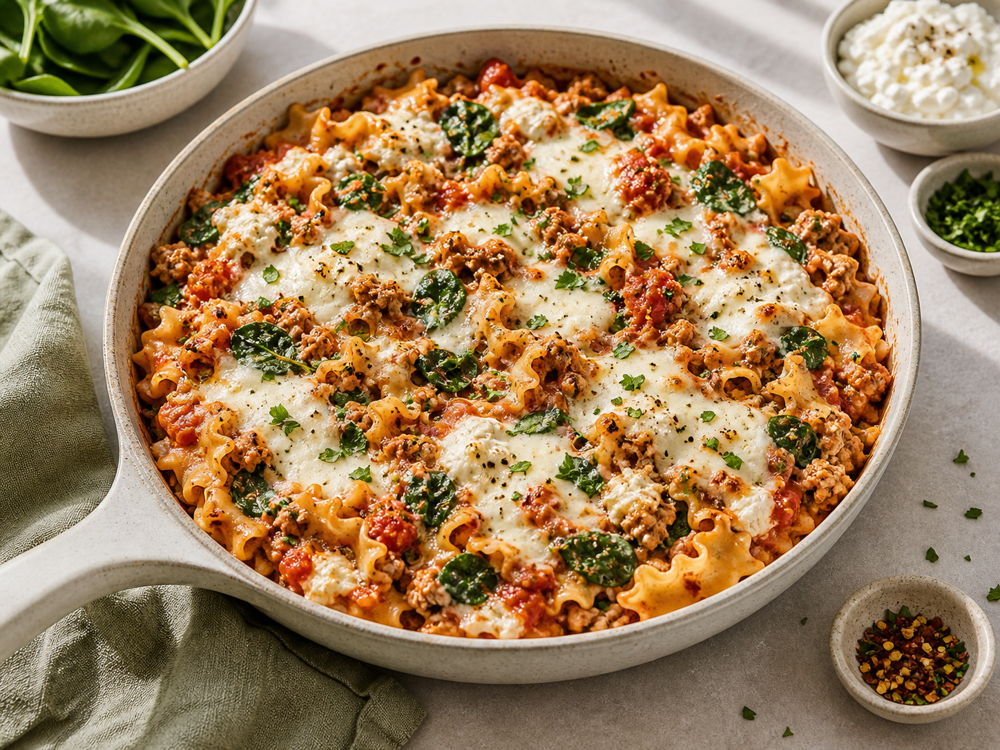 High-Protein Turkey Lasagna Skillet served in premium editorial food styling
