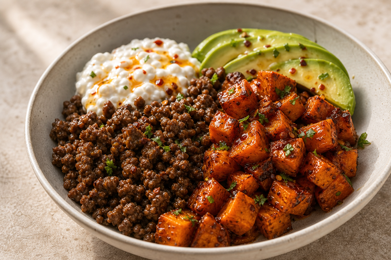 Hot Honey Cottage Cheese Sweet Potato Beef Bowl served in premium editorial food styling