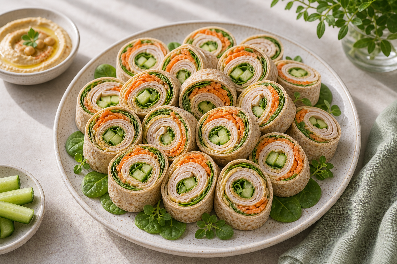 Hummus Rainbow Roll-Ups served in premium editorial food styling