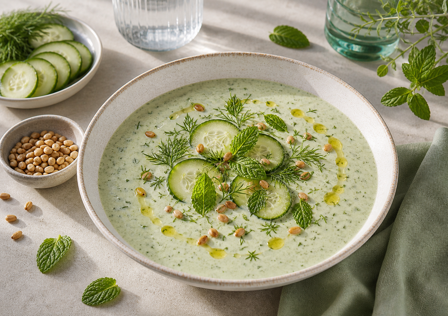 Kefir Cucumber Herb Soup served in premium editorial food styling