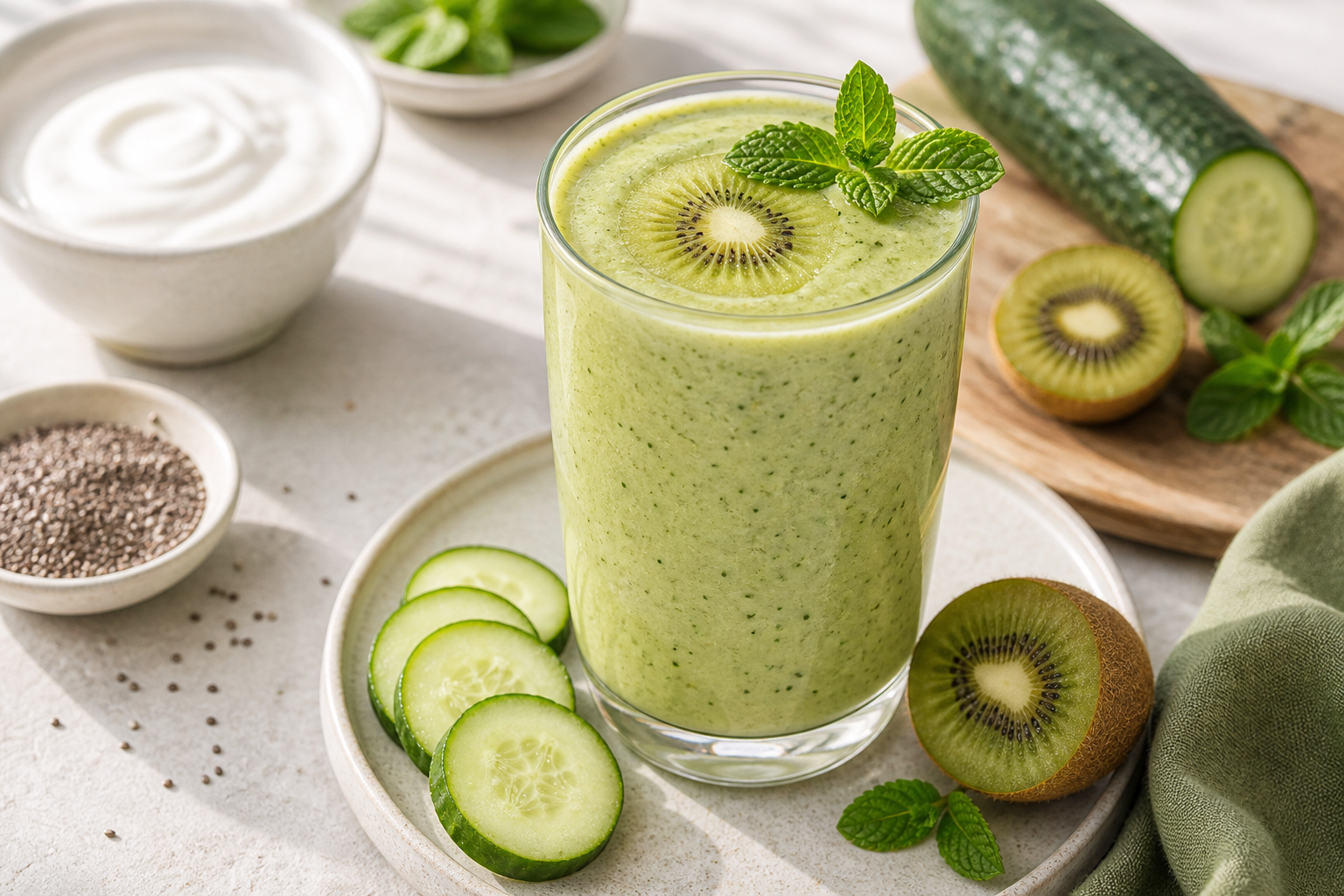 Kiwi Cucumber Yogurt Smoothie in premium editorial smoothie styling