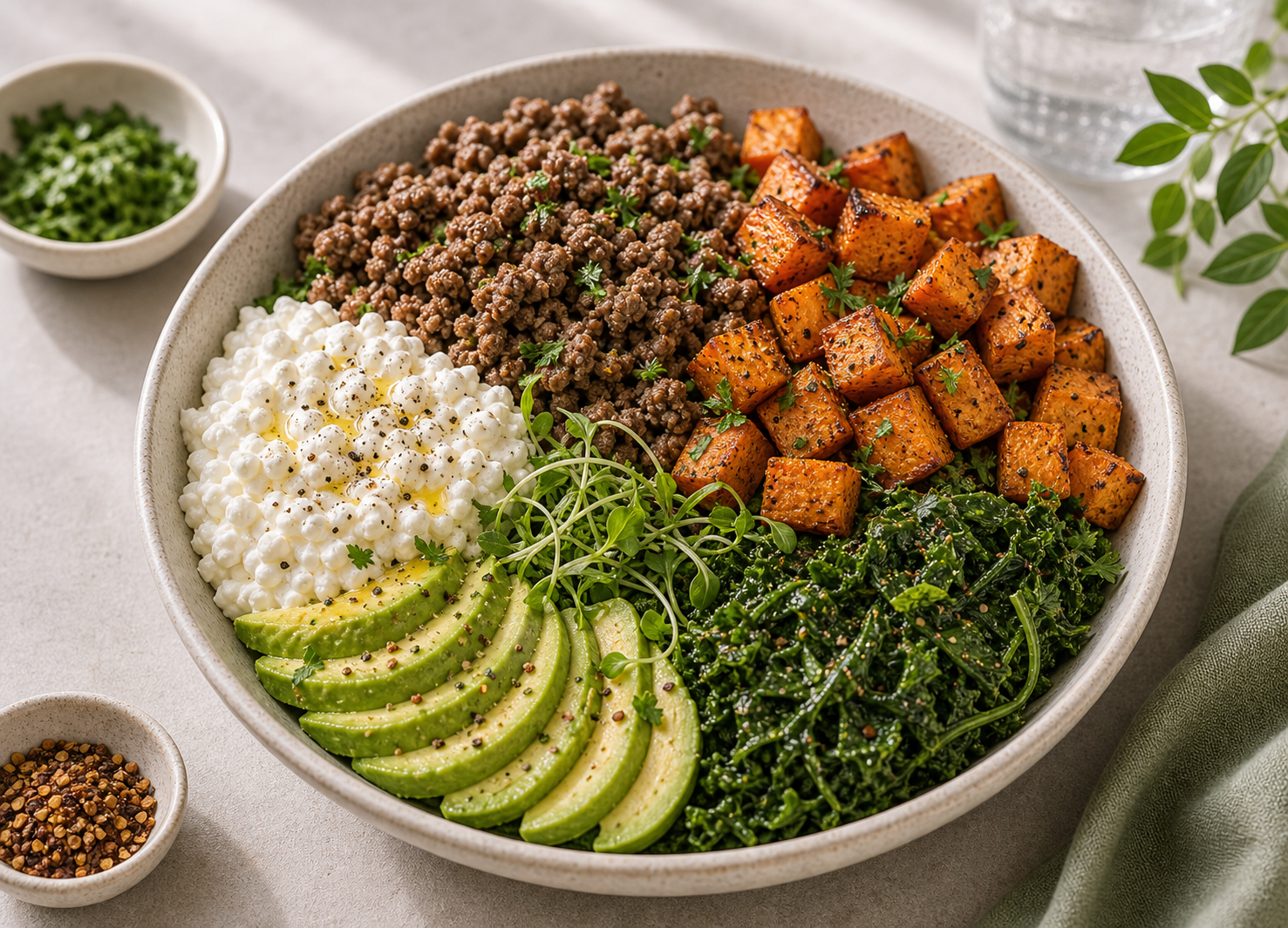 Lean Beef Sweet Potato Muscle Bowl served in premium editorial food styling
