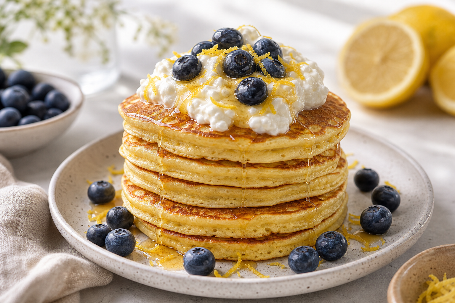 Lemon Cottage Cheese Pancakes served in premium editorial food styling
