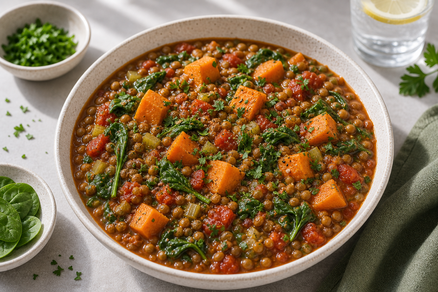 Lentil Vegetable Potassium Stew served in premium editorial food styling