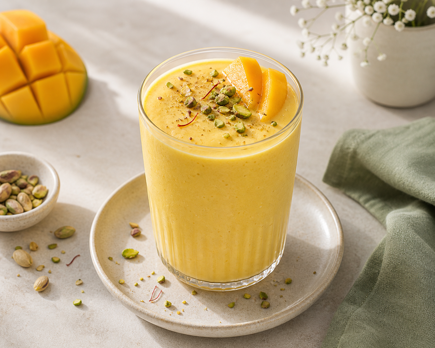 Mango Lassi Protein Smoothie served in premium editorial food styling