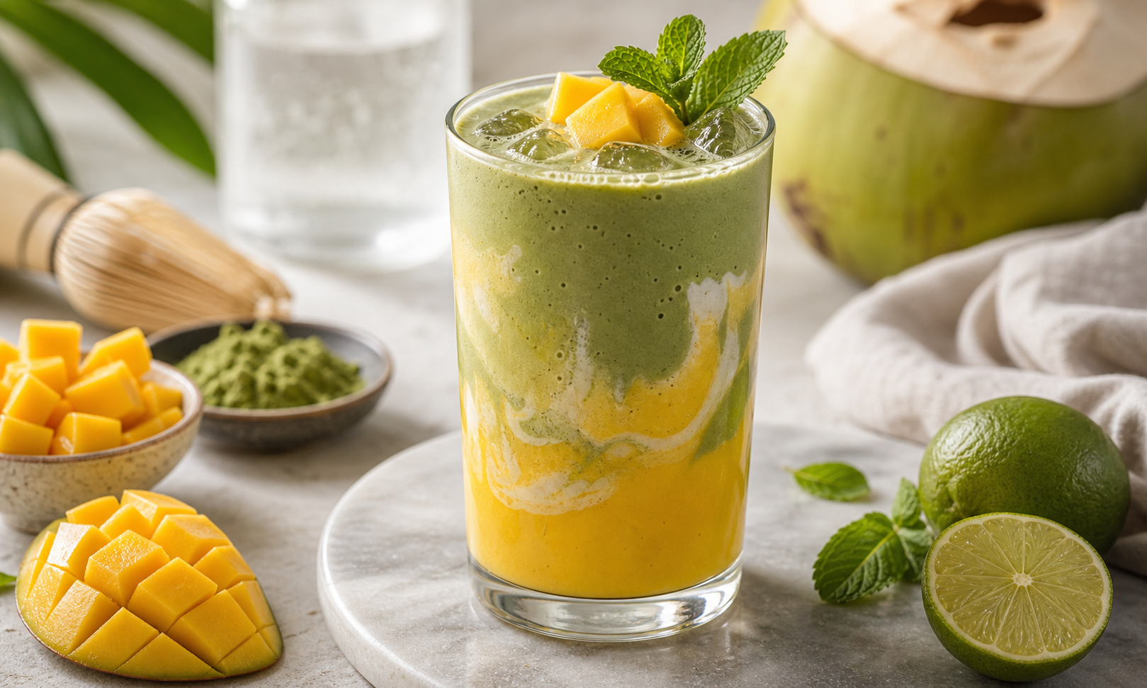 Mango Matcha Hydration Smoothie in premium editorial smoothie styling
