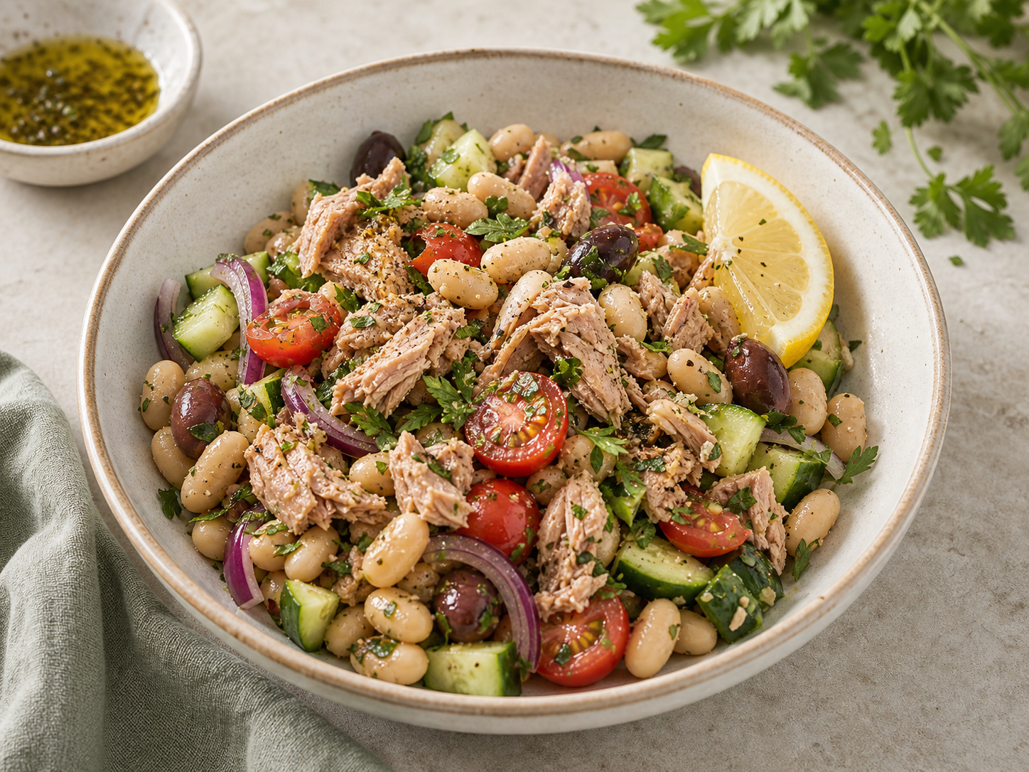 Mediterranean Tuna White Bean Bowls served in premium editorial food styling