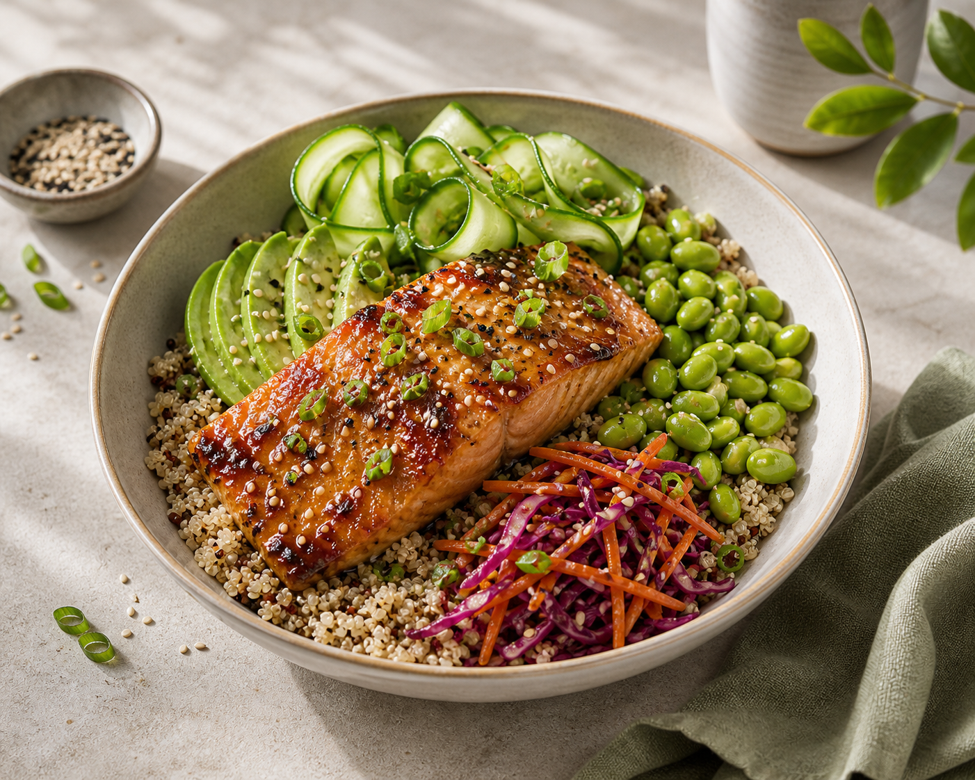 Miso Glazed Salmon Quinoa Bowls served in premium editorial food styling