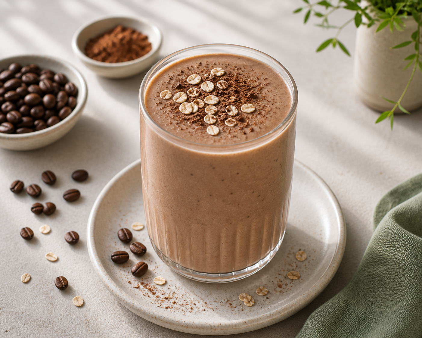 Mocha Oat Protein Smoothie served in premium editorial food styling