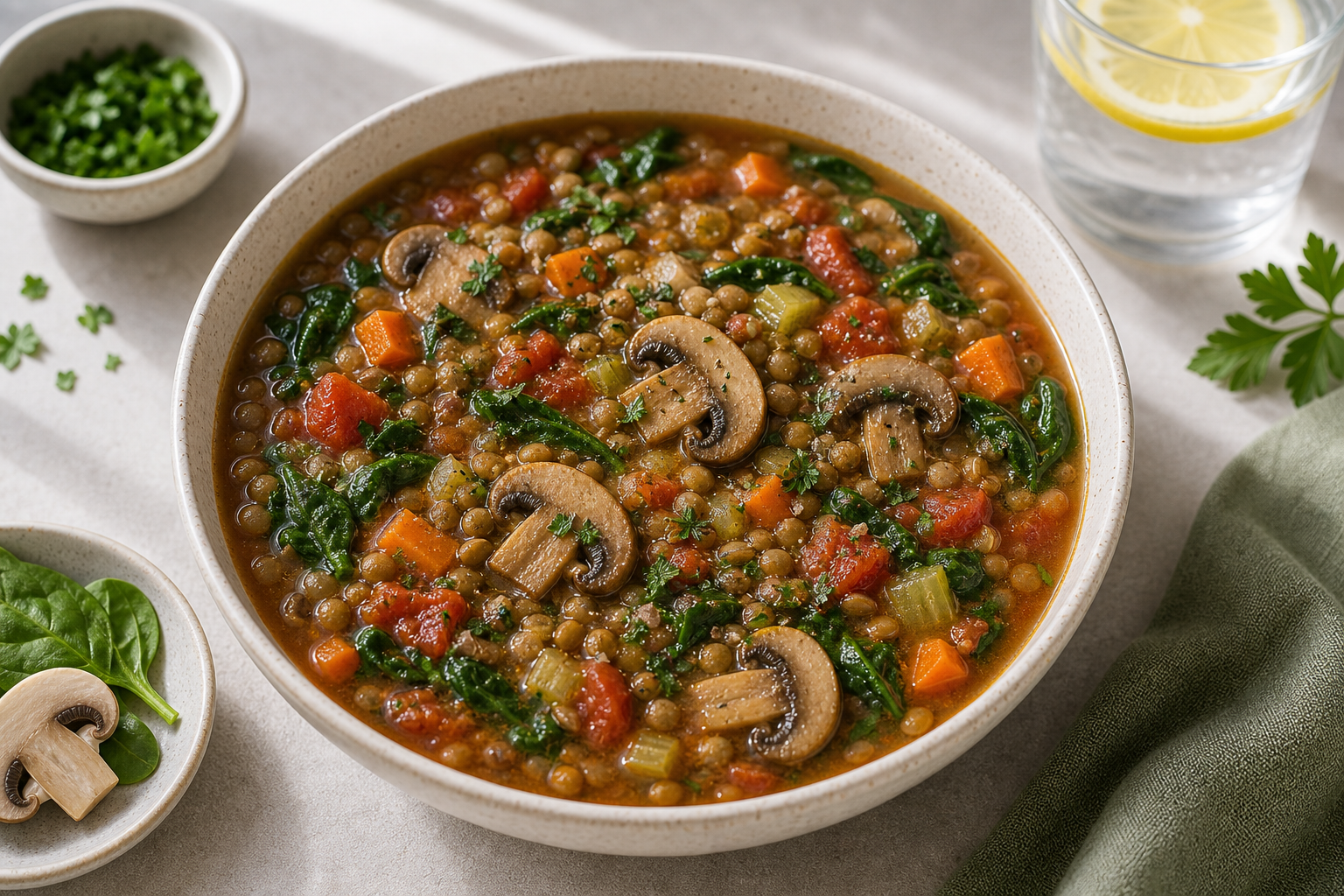 Mushroom Lentil Vegetable Soup served in premium editorial food styling