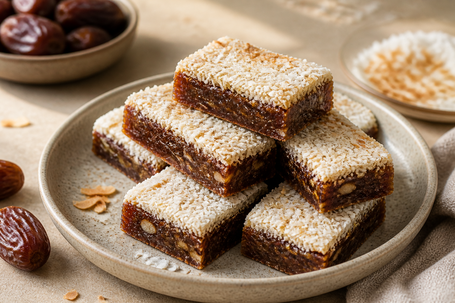 No-Bake Coconut Date Bars served with premium natural food styling