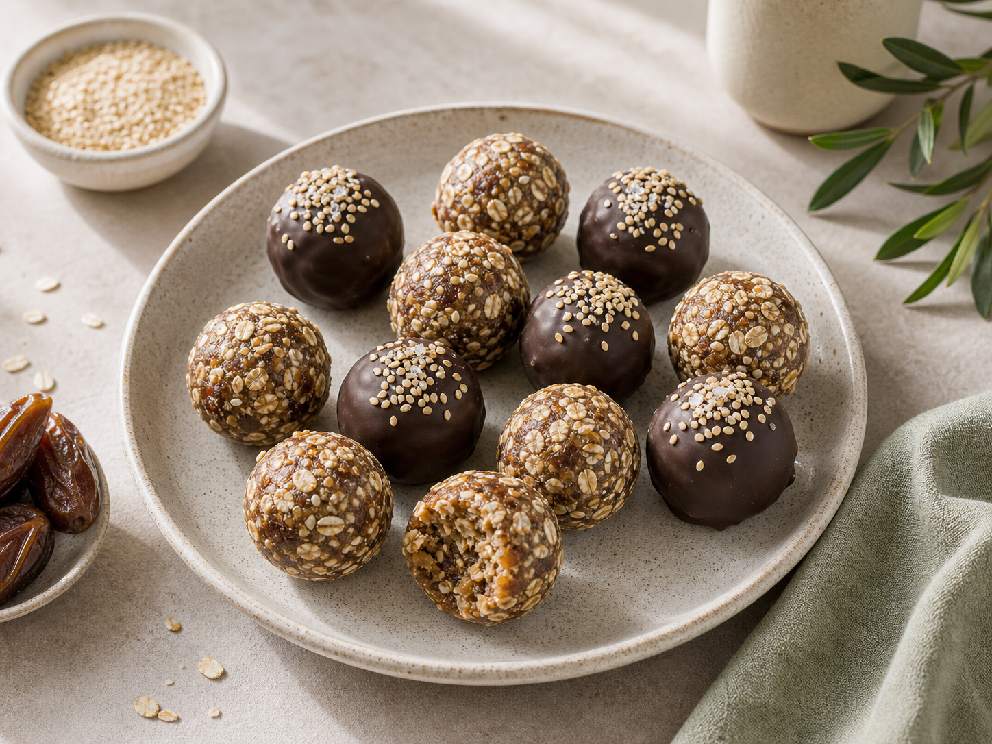 No-Bake Tahini Date Bites served in premium editorial food styling