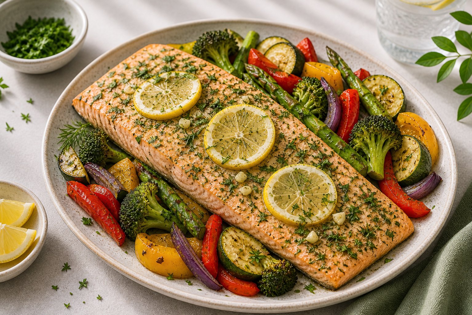 No-Salt Lemon Herb Salmon served in premium editorial food styling
