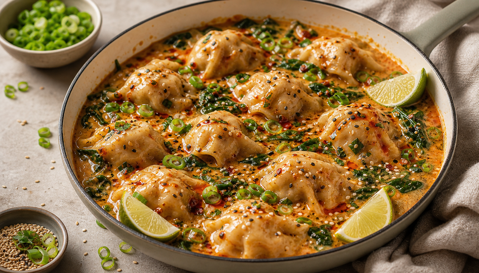 One-Pan Coconut Curry Dumpling Bake served in premium editorial food styling