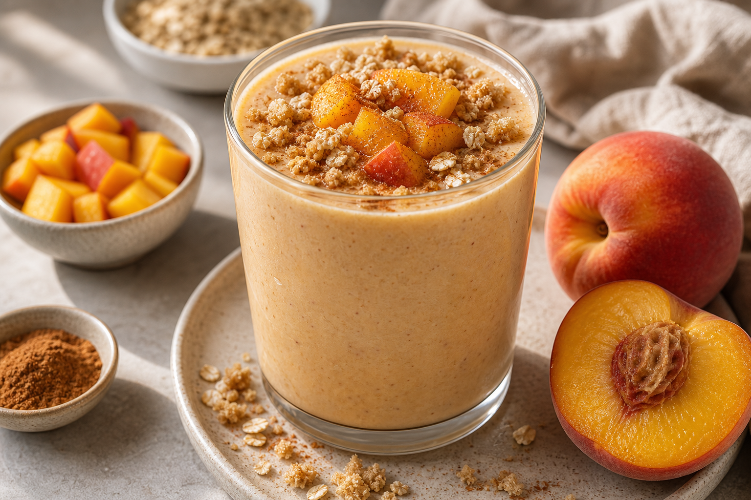 Peach Cobbler Breakfast Smoothie in premium editorial smoothie styling