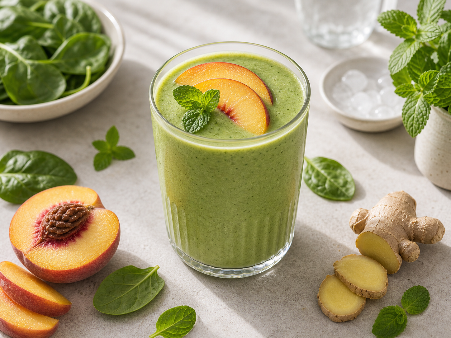 Peach Ginger Green Smoothie served in premium editorial food styling