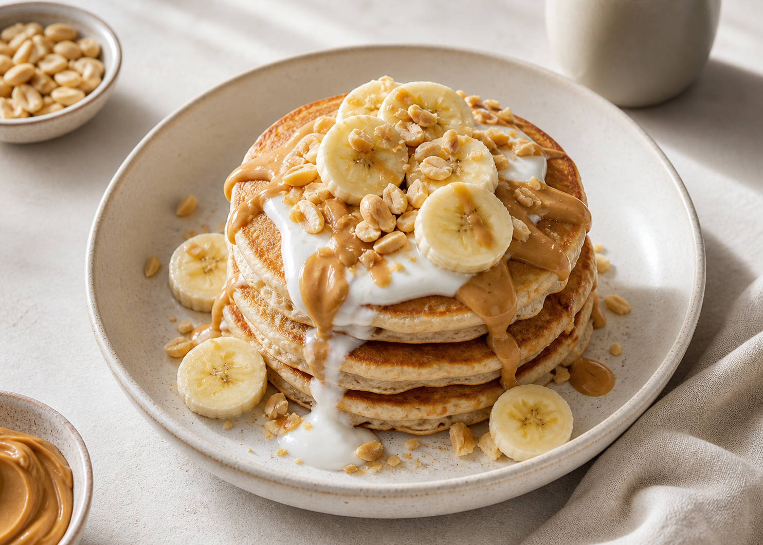 Peanut Butter Banana Protein Pancakes served in premium editorial food styling
