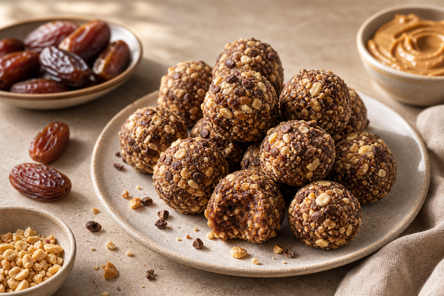 Peanut Butter Date Energy Bites served with premium natural food styling