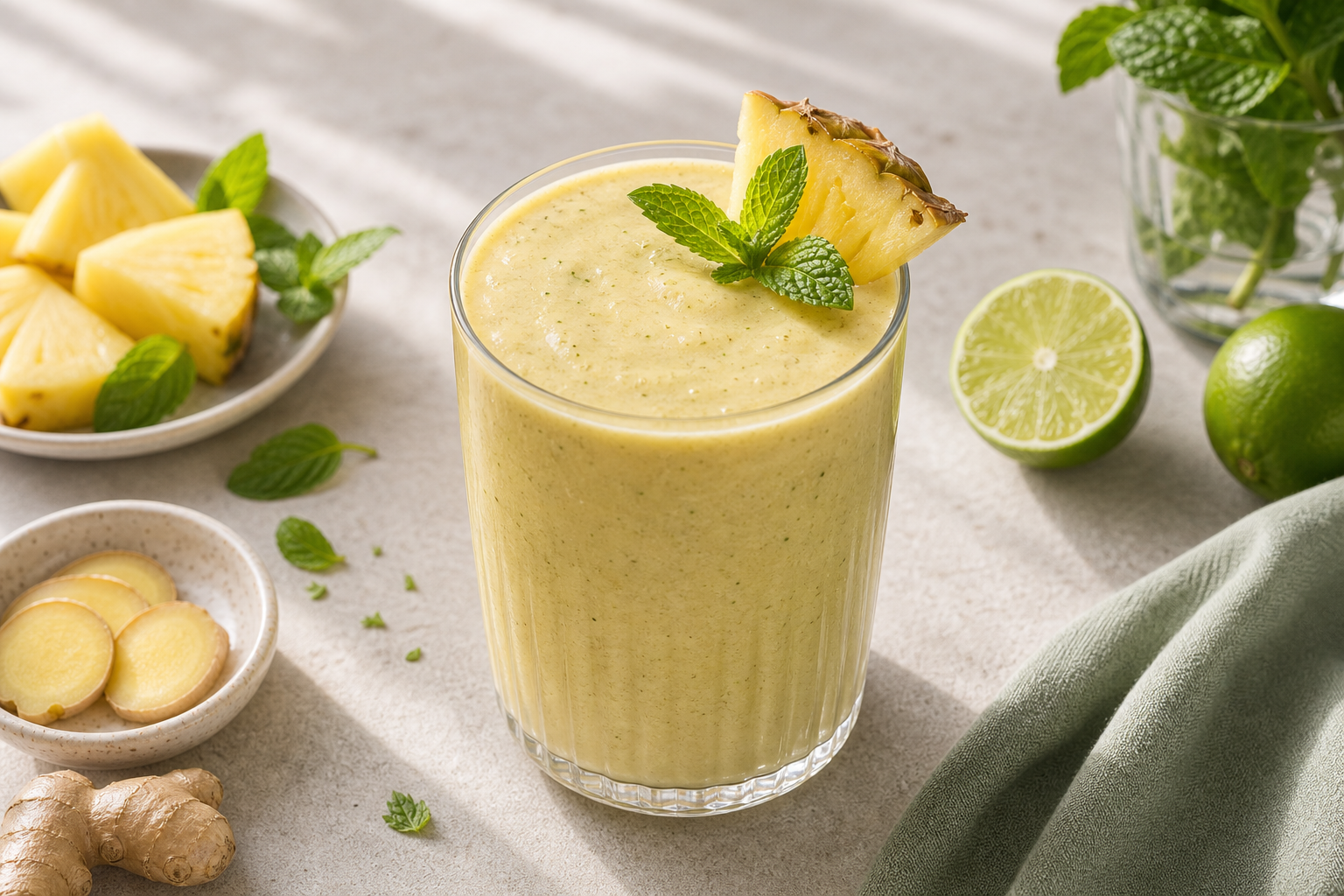 Pineapple Mint Digestion Smoothie served in premium editorial food styling