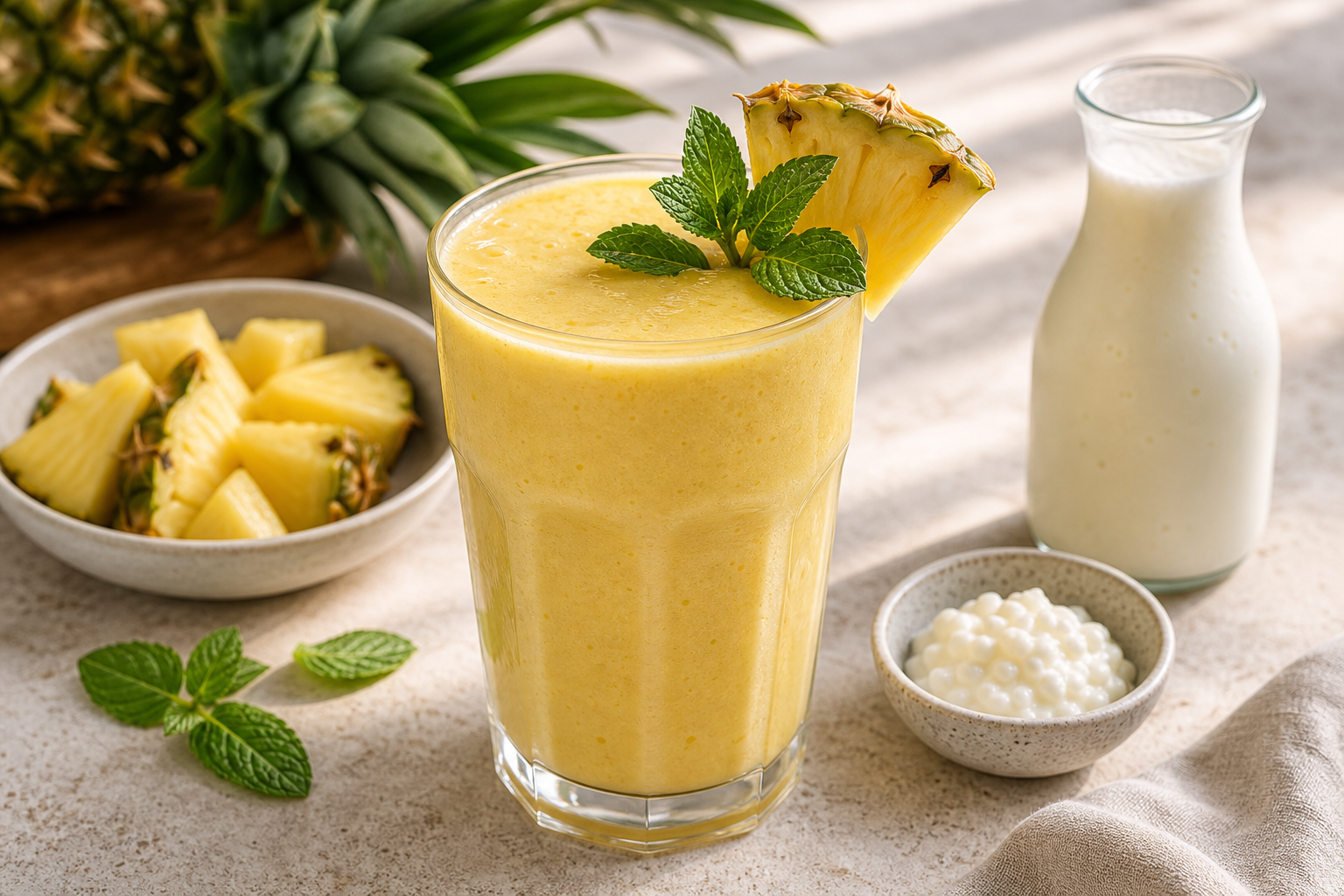 Pineapple Mint Kefir Smoothie in premium editorial smoothie styling