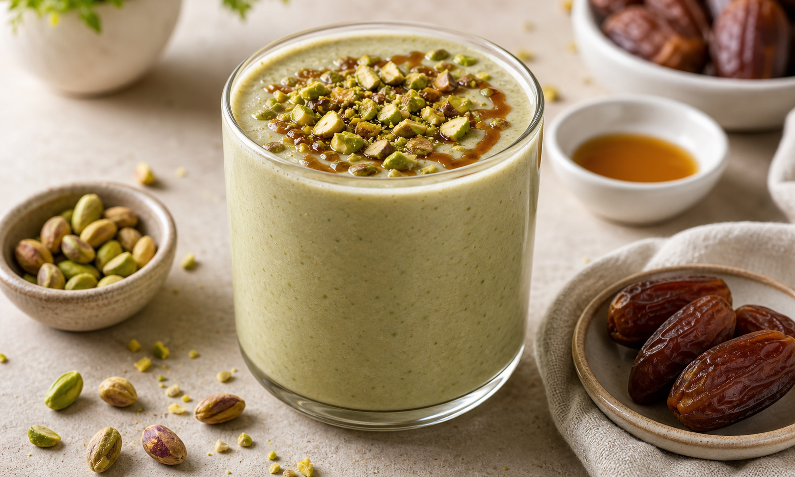 Pistachio Date Smoothie in premium editorial smoothie styling