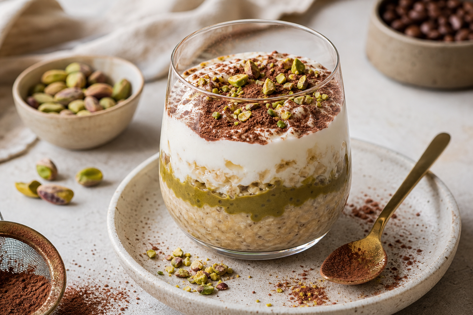 Pistachio Tiramisu Overnight Oats served in premium editorial food styling