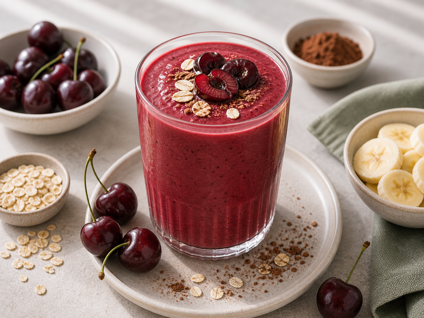 Post-Workout Cherry Yogurt Smoothie served in premium editorial food styling