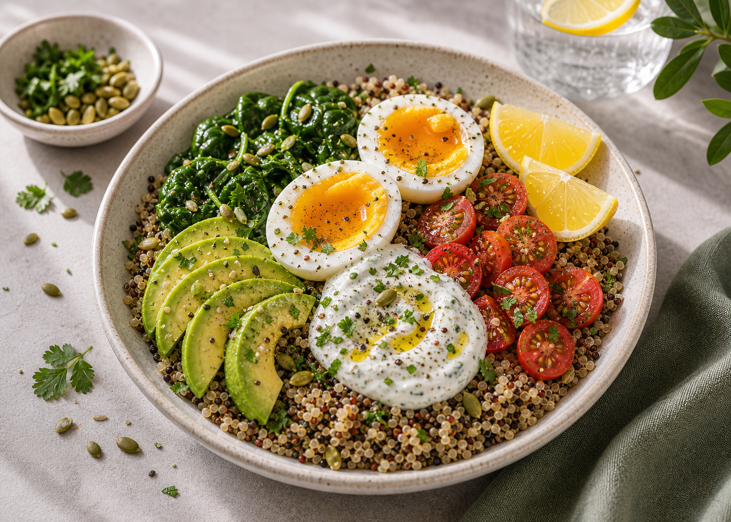 Quinoa Egg Athlete Breakfast Bowl served in premium editorial food styling