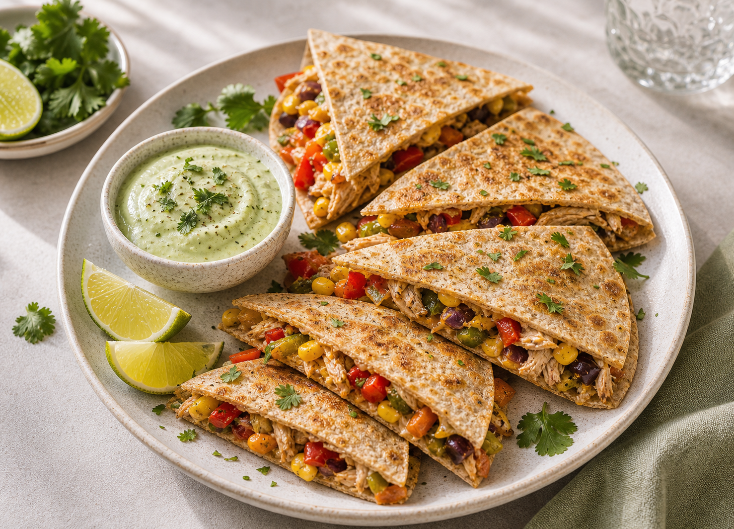 Rainbow Chicken Quesadillas served in premium editorial food styling