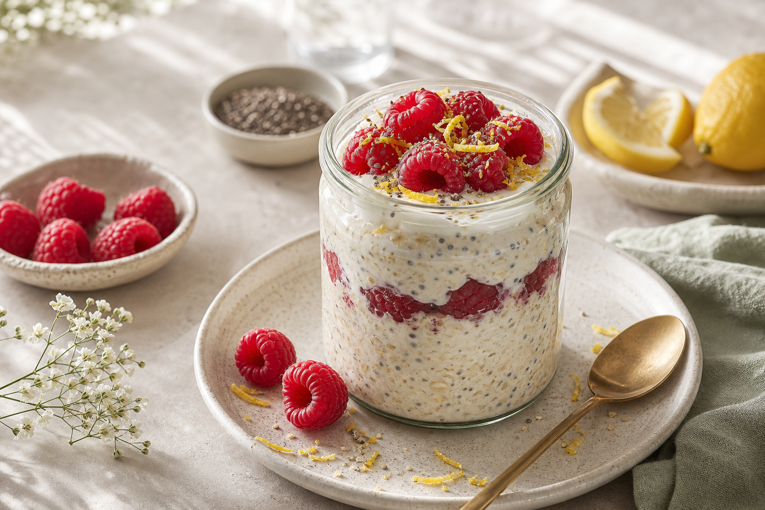 Raspberry Lemon Overnight Oats served in premium editorial food styling