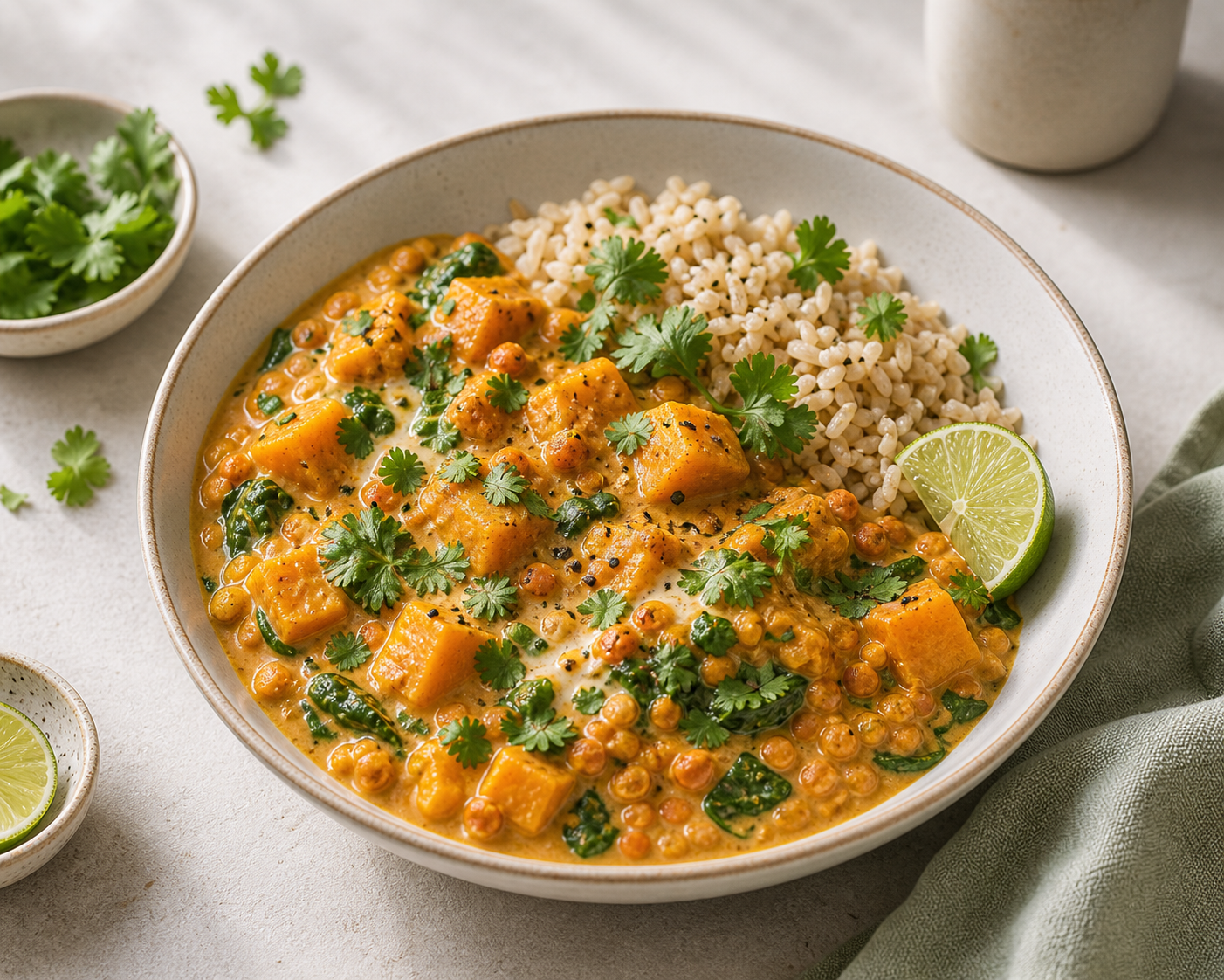 Red Lentil Pumpkin Curry served in premium editorial food styling
