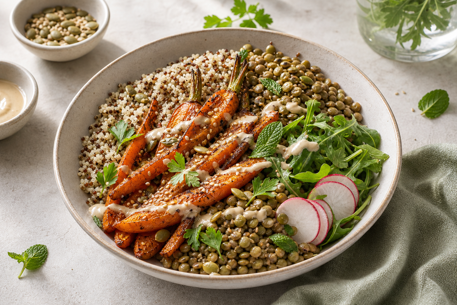 Roasted Carrot Lentil Tahini Bowls served in premium editorial food styling