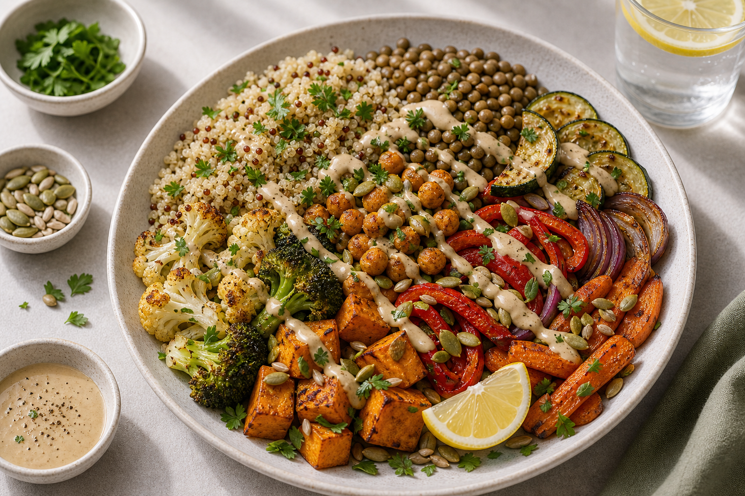Roasted Vegetable Quinoa Tahini Plate served in premium editorial food styling