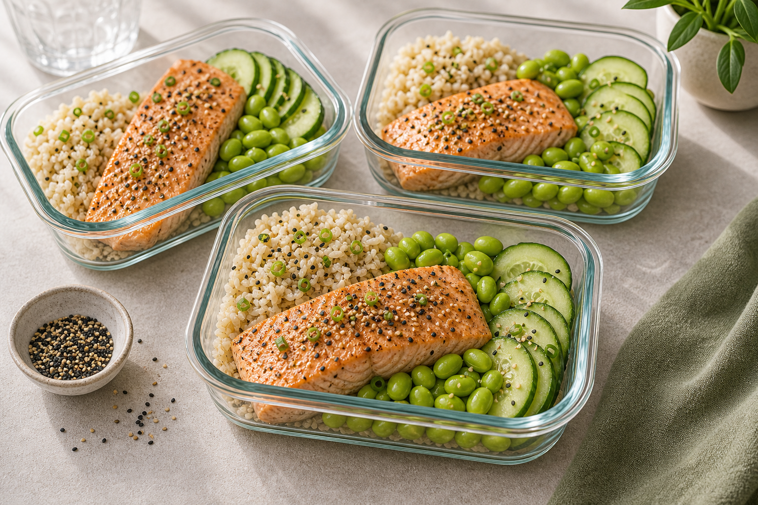 Salmon Edamame Rice Meal Prep served in premium editorial food styling
