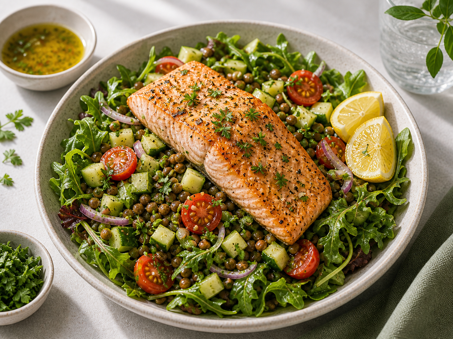 Salmon Lentil Vegetable Salad served in premium editorial food styling