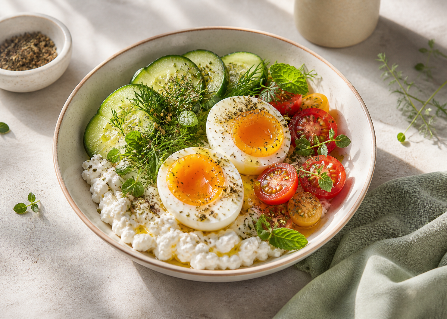 Savory Cottage Cheese Breakfast Bowl served in premium editorial food styling