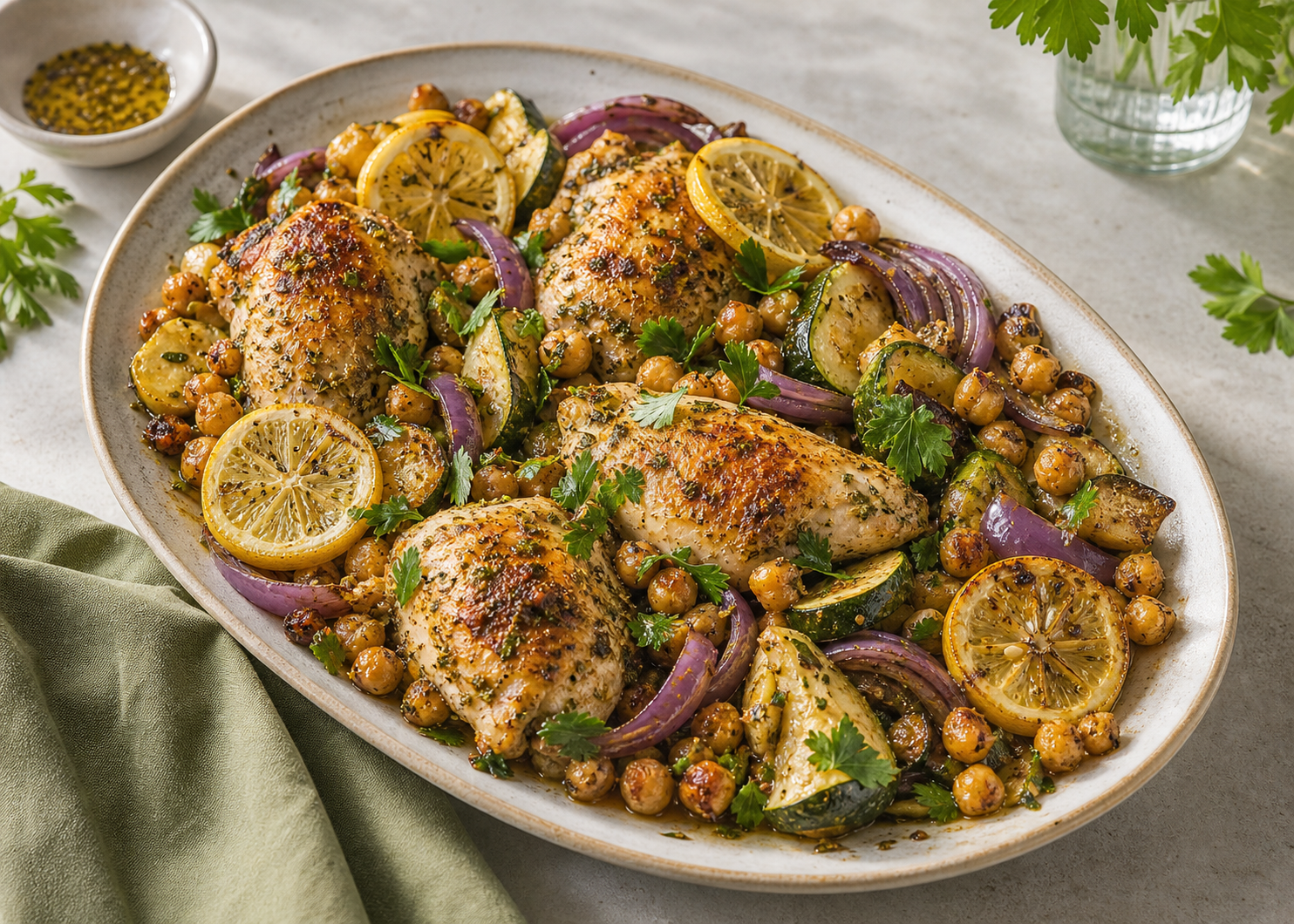 Sheet-Pan Lemon Herb Chicken and Chickpeas served in premium editorial food styling