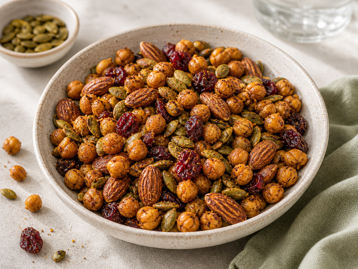 Spicy Crunchy Chickpea Trail Mix served in premium editorial food styling