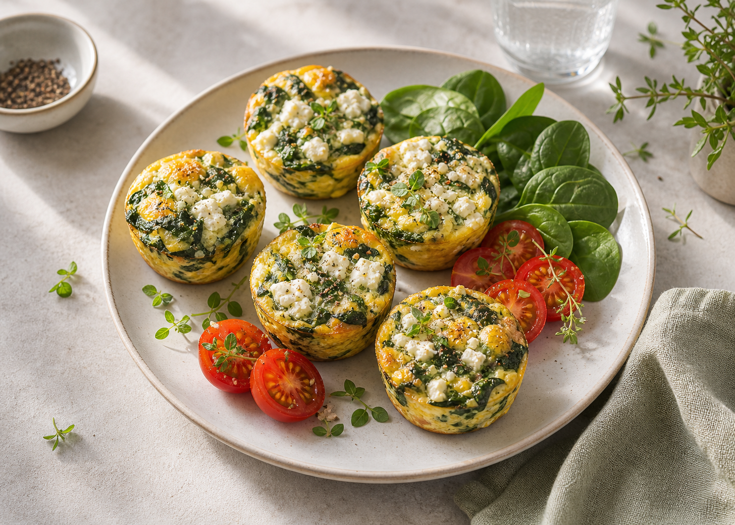 Spinach Feta Egg Muffin Cups served in premium editorial food styling