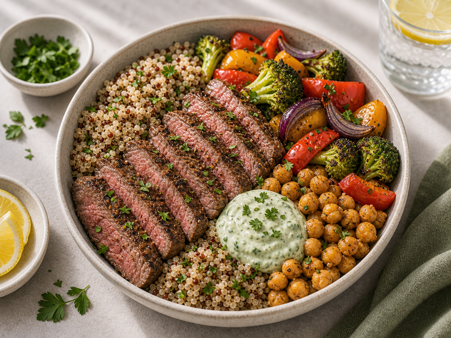 Steak Quinoa Power Bowls served in premium editorial food styling
