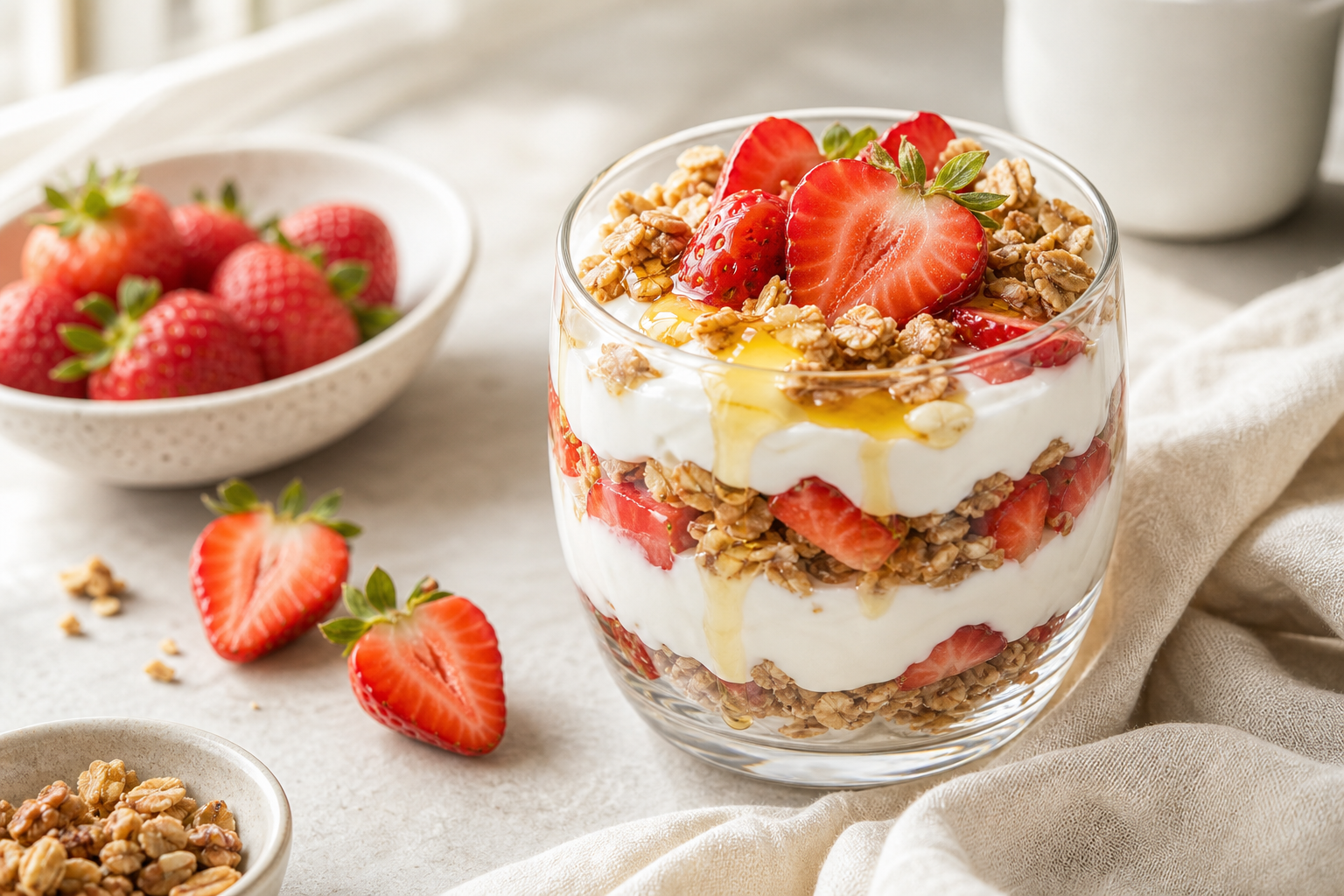 Strawberry Greek Yogurt Parfait served with premium natural food styling