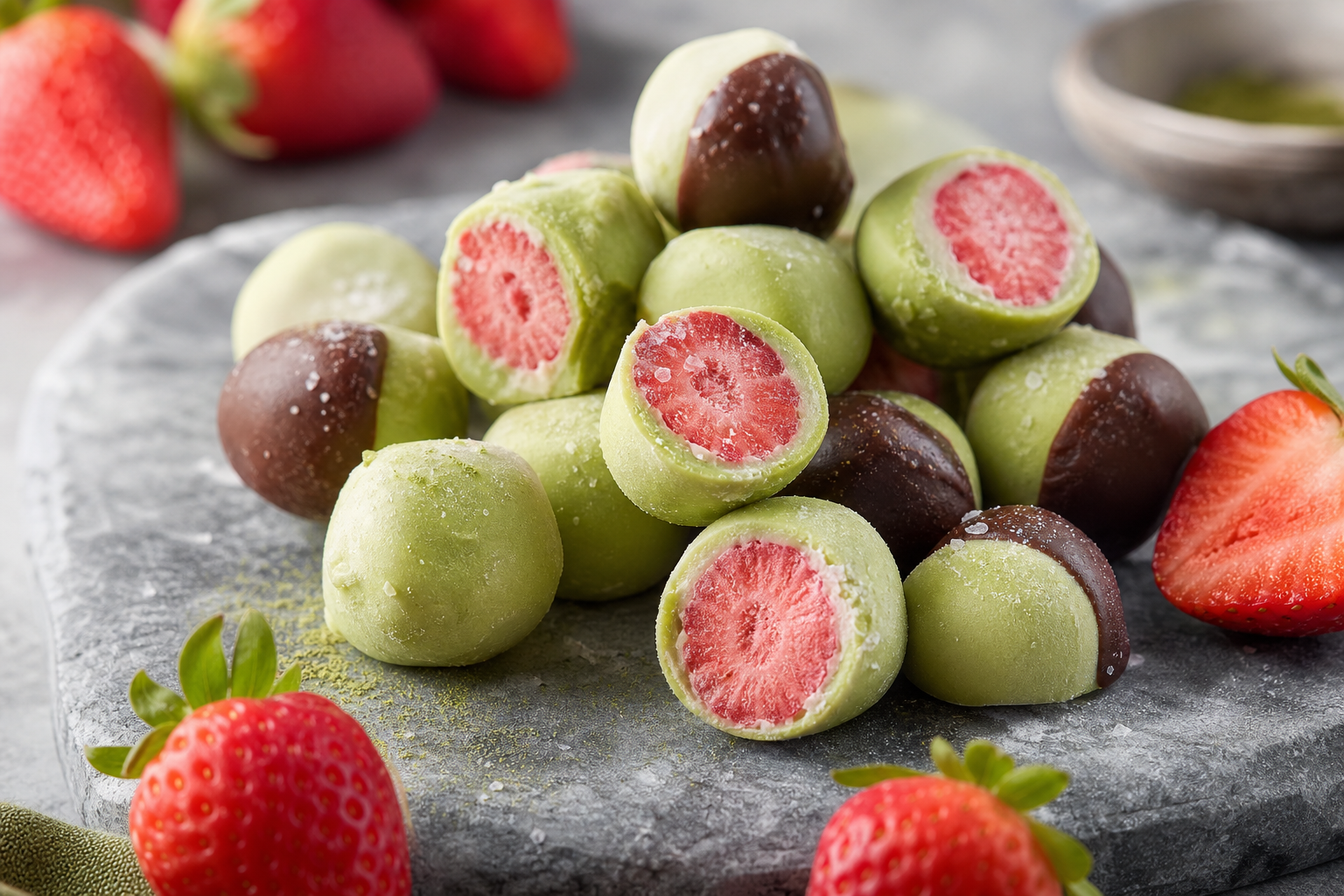 Strawberry Matcha Frozen Yogurt Bites served in premium editorial food styling