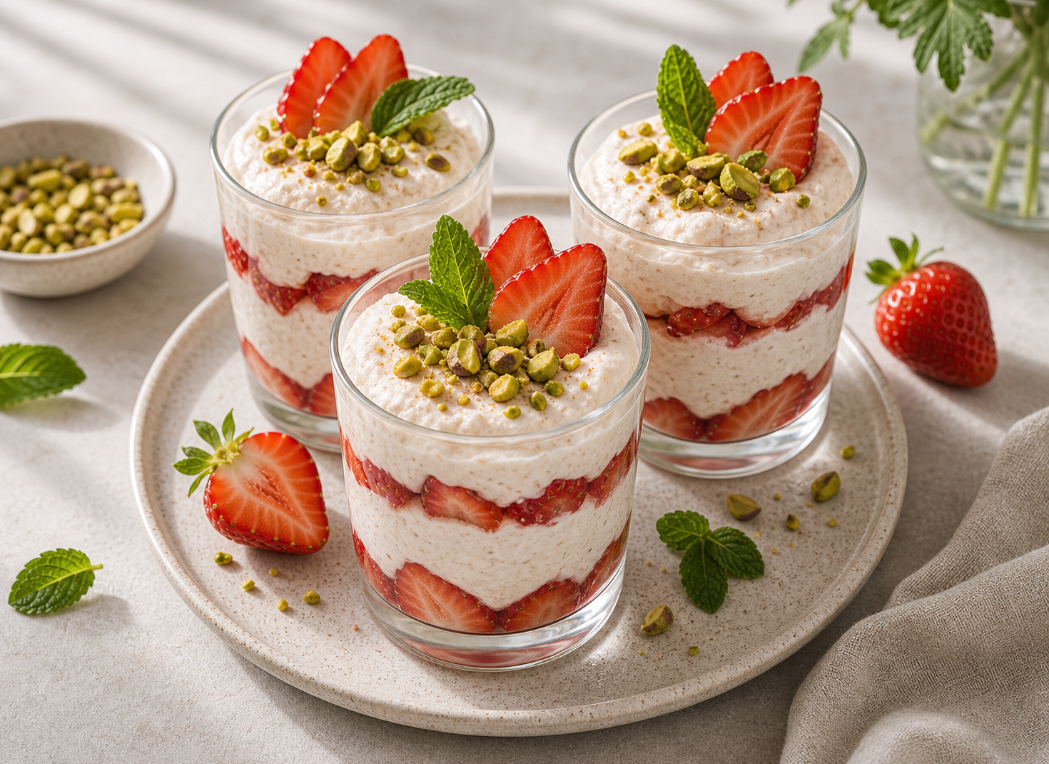 Strawberry Ricotta Mousse Cups served in premium editorial food styling