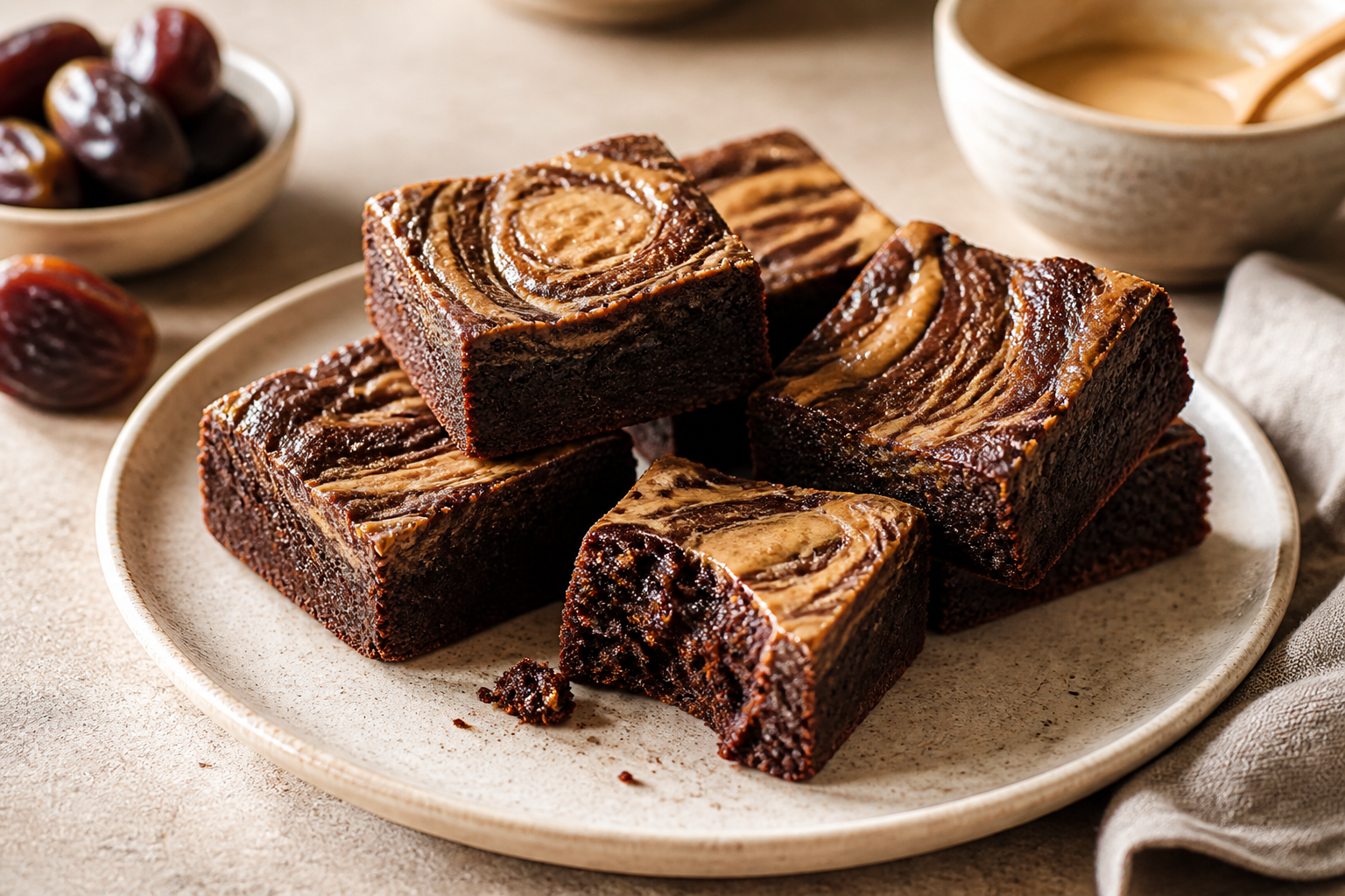 Tahini Date Brownies served with premium natural food styling