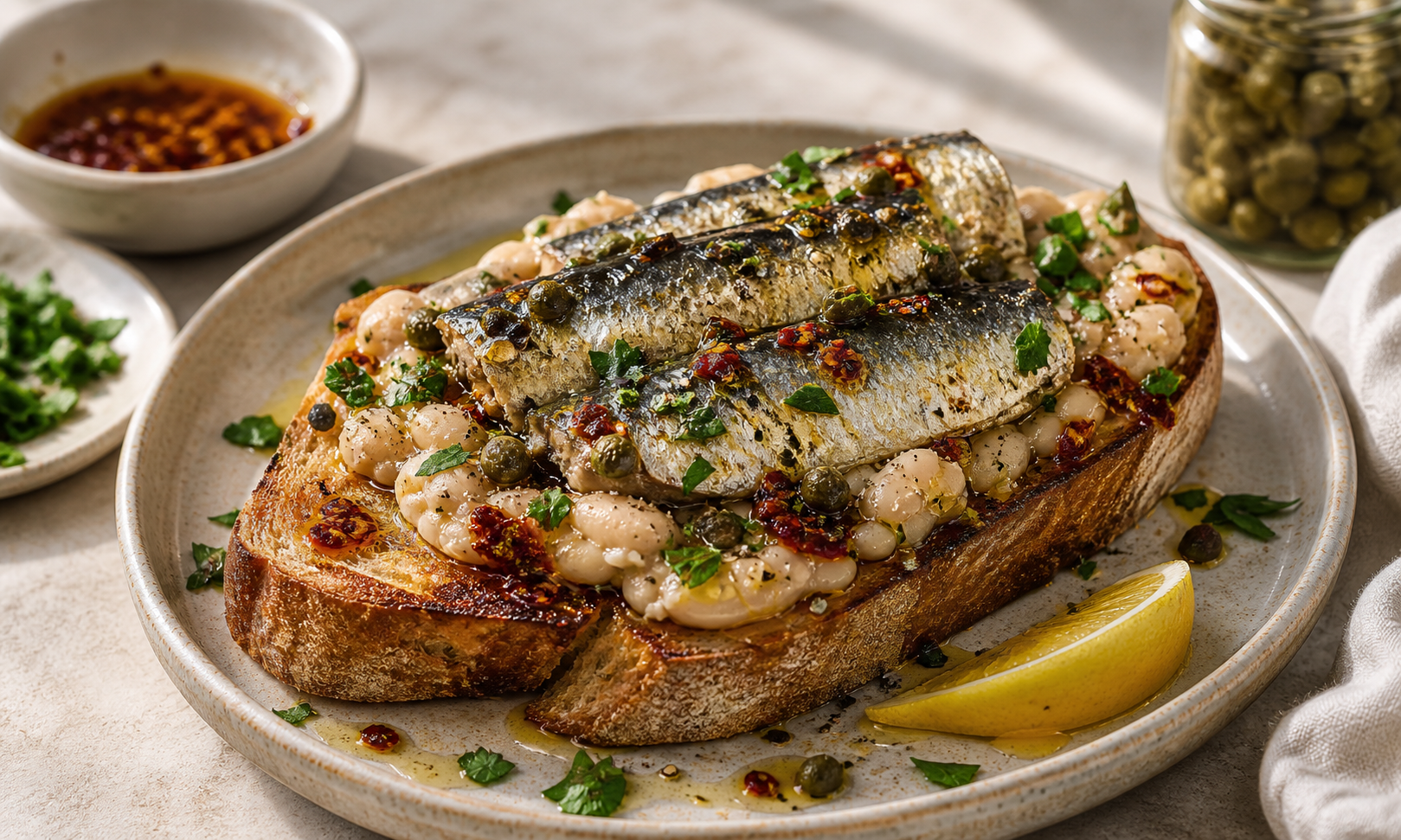 Tinned Fish White Bean Toast served in premium editorial food styling