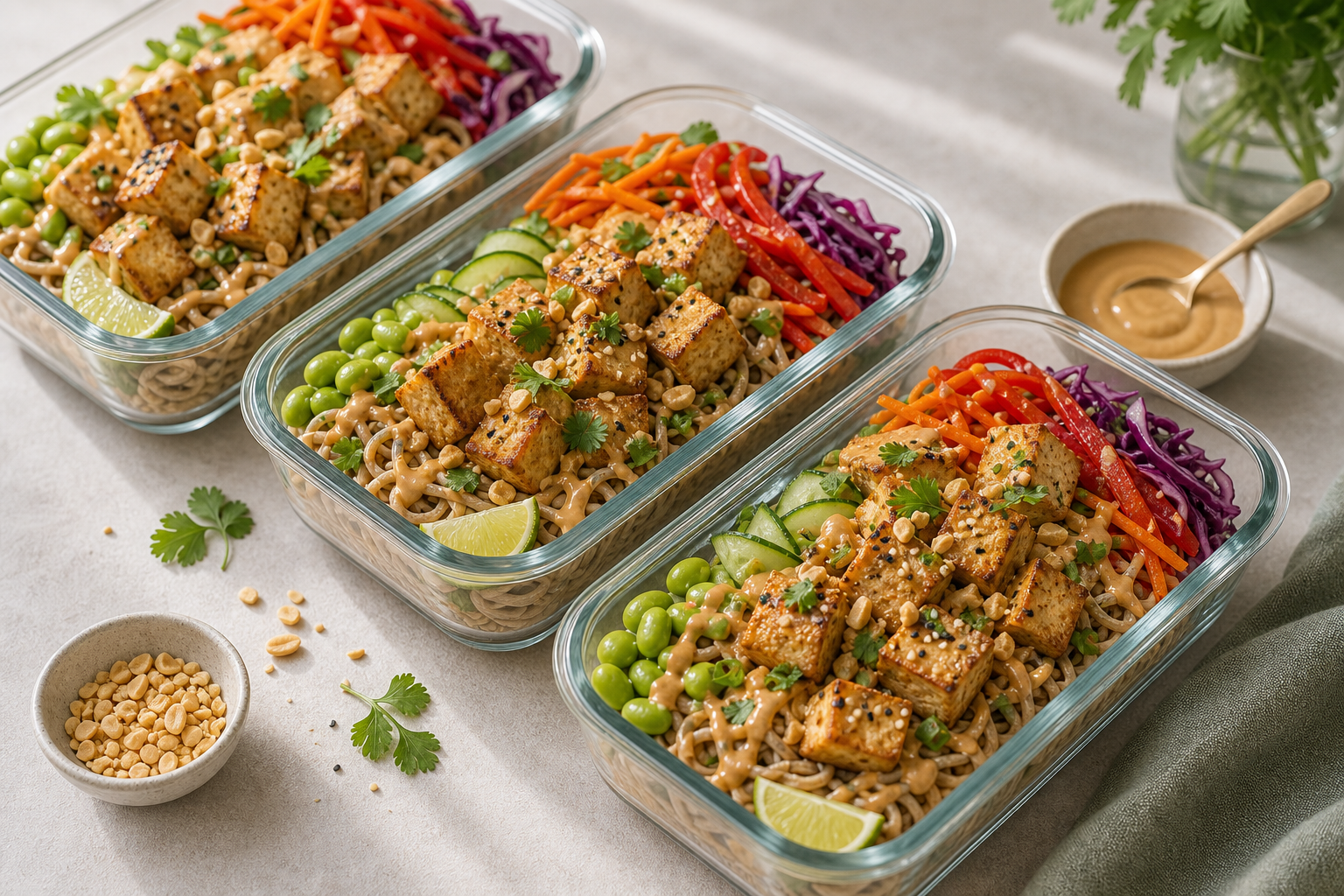 Tofu Peanut Noodle Meal Prep served in premium editorial food styling