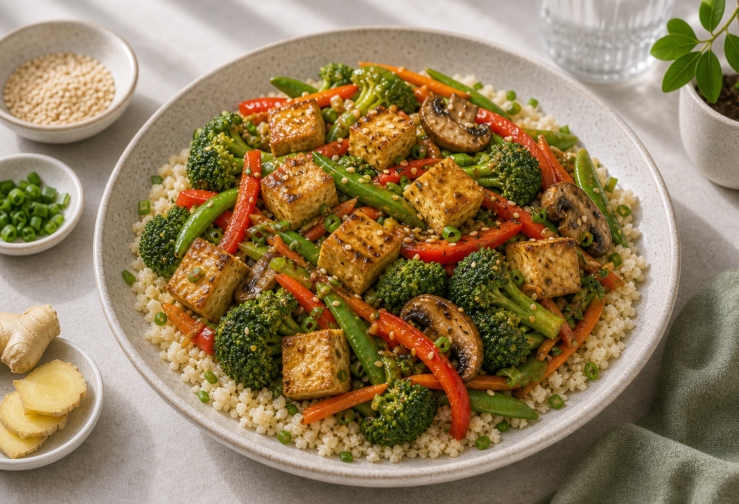 Tofu Vegetable Cauliflower Stir-Fry served in premium editorial food styling